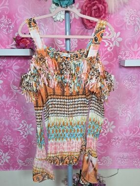 Smocked Off-Shoulder Fringe in Orange Multi